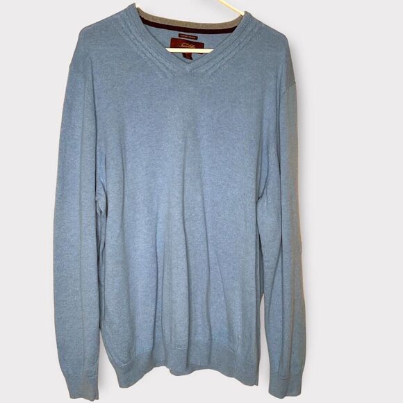 Tasso Elba Sweater Mens XL Luxury Yarn Blue Cashmere Cotton Knit Pullover V-neck - Picture 1 of 9